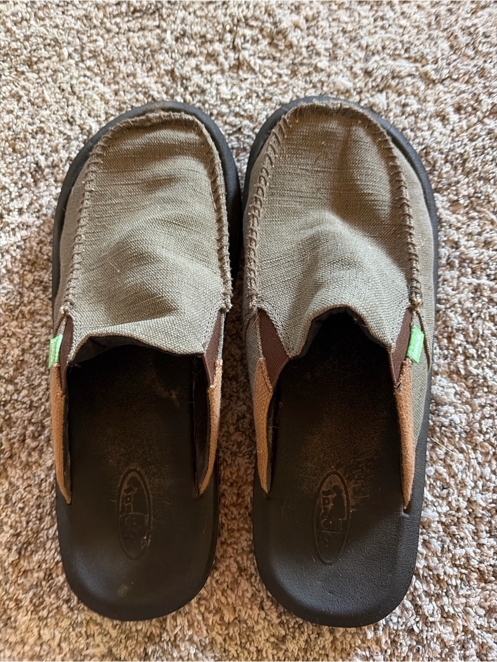 Sanuk Olive and Brown Canvas Slip-On Loafers